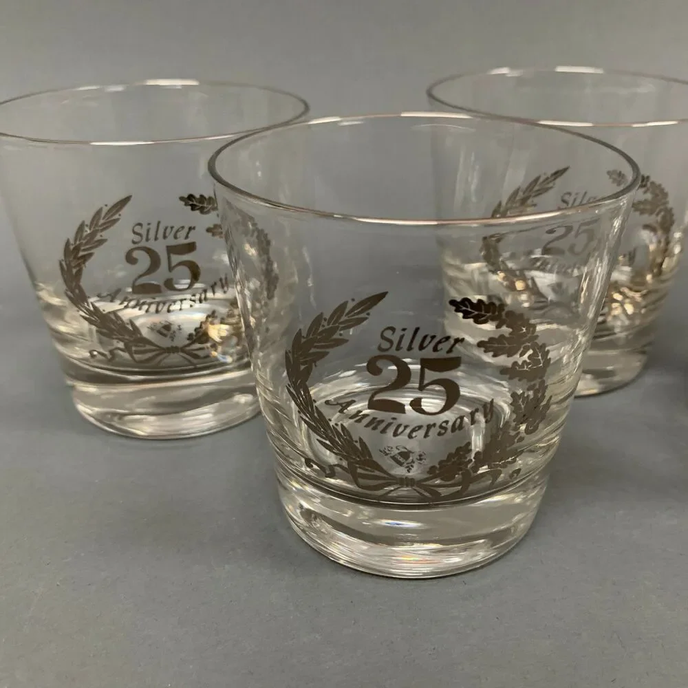 25th Silver Anniversary Old Fashion Clear Glasses Platinum 3 5/8